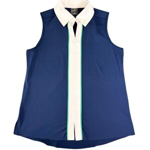 Belyn Key Womens Sleeveless Golf Polo Navy Blue White Green Striped Size Small